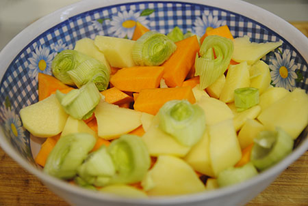 Patata, calabaza y puerro cortado