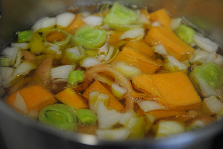 Patata, calabaza, puerro, en agua